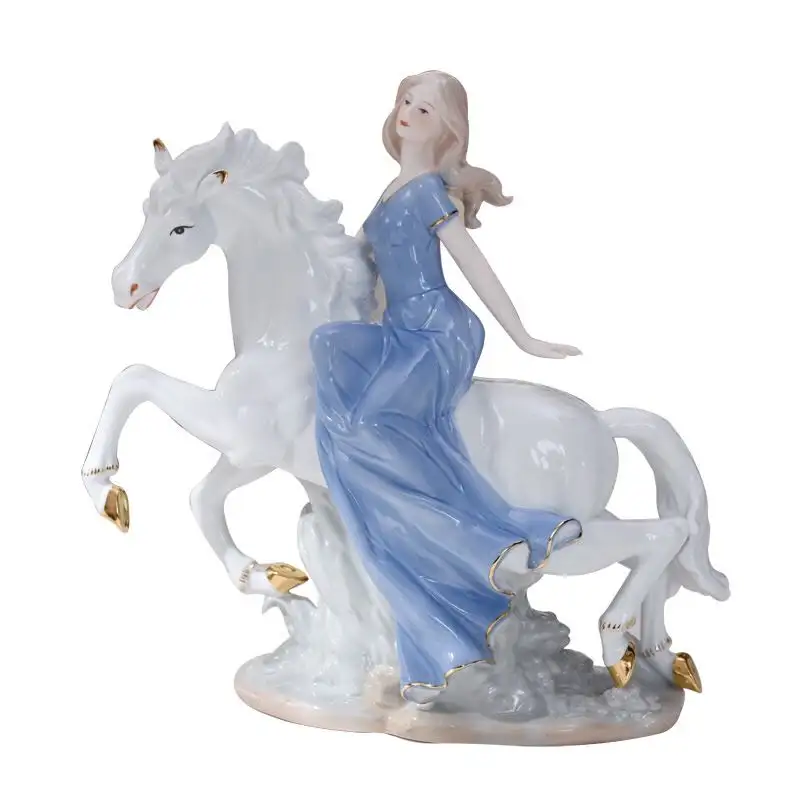 Estatua de niña de cerámica dama de porcelana con estatuilla de caballo, accesorios para el hogar escultura de Arte de estilo moderno