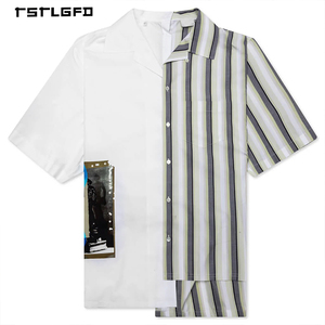 Chemise à manches courtes asymétrique moderne pour homme, patchwork, rayures contrastées, col boutonné, haut graphique de créateur, 100% coton - Product Image 4