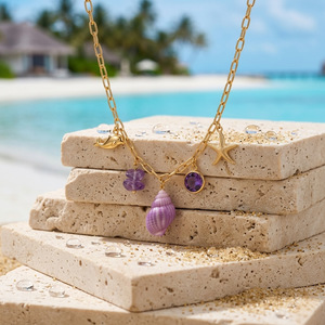 Collier ras du cou en acier inoxydable avec pendentif étoile de mer et conque violette de la série ODM Ocean pour femme, idéal pour la plage - Product Image 5