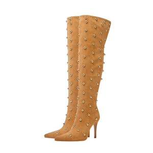 Bottes d'hiver à bout pointu, bottes au-dessus du genou en faux daim à carreaux, talon aiguille haut, bottes sexy pour femmes, bottes hautes à effet froissé - Product Image 5
