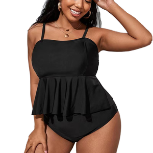 Manufacturer Custom High Waist Ruffle Swimsuit for Women New Black Plus Size Two Piece Bandeau Swimwear <b>Push</b> Bra Solid Beachwear - Product Image 4