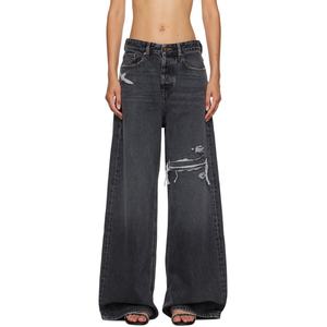 Vaqueros anchos de mezclilla gris desgastado para mujer, de tiro bajo, con rotos y pierna recta, estilo baggy - Product Image 1