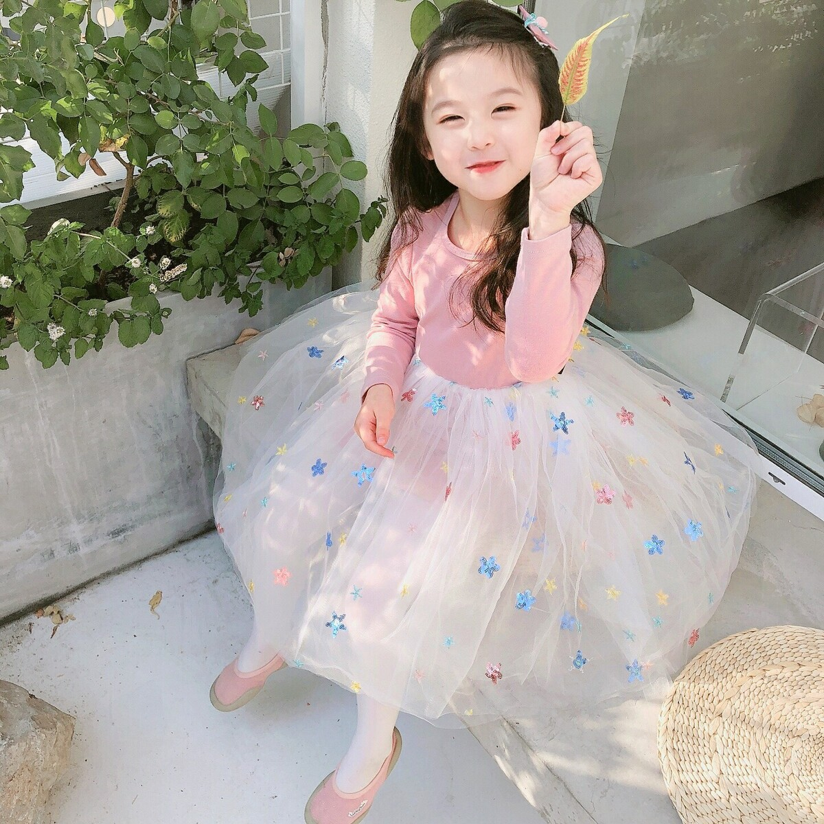 Vestido Navidad Niña Manga Larga – Tul Y Terciopelo Con Lazo Y Estrellas, Princesa Festivo (2-7 Años)