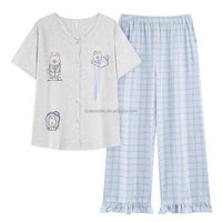 Piyama Kasual Lucu Motif Kartun 2 Potong untuk Musim Panas, Bahan Katun Snowflake, Lembut, Bernapas, Pakaian Tidur Wanita Longgar ODM