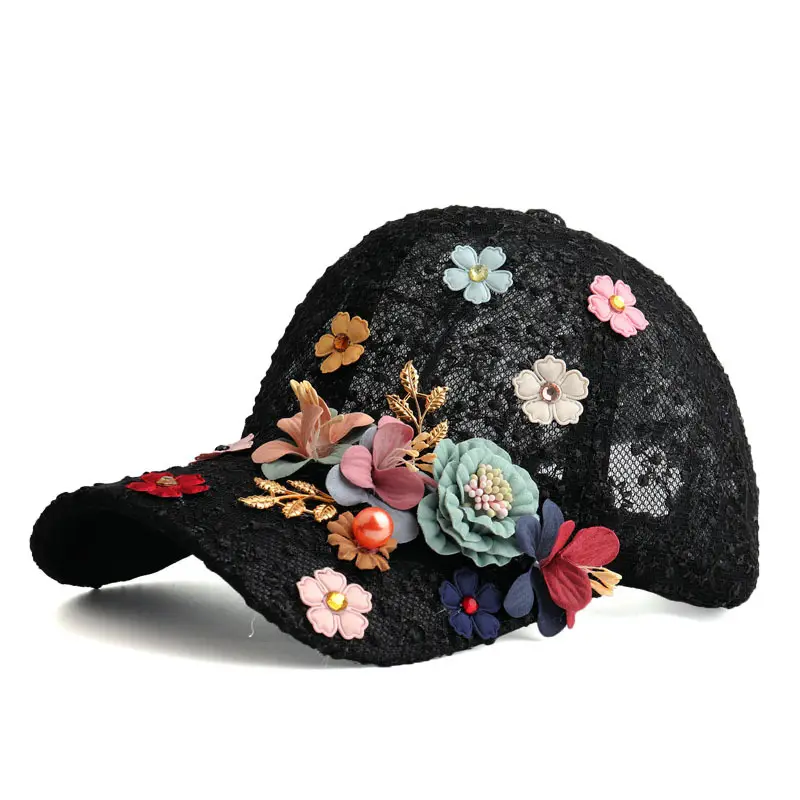 卸売女性サマーレース野球帽フラワーメッシュ通気性ピークキャップアウトドアスポーツ日焼け止めスナップバック帽子