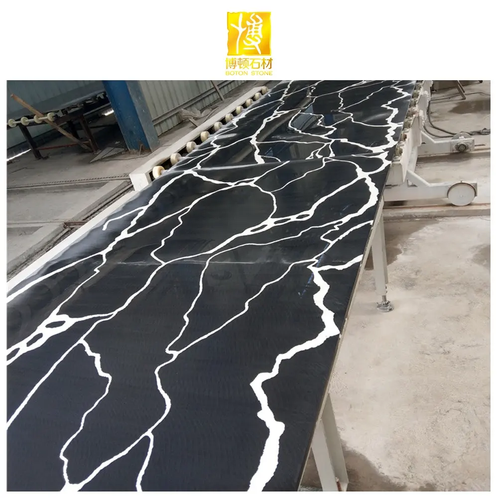 Artificial Stone Polished Production Line Engineered Vanity Top Slabs Black Quartz Countertop