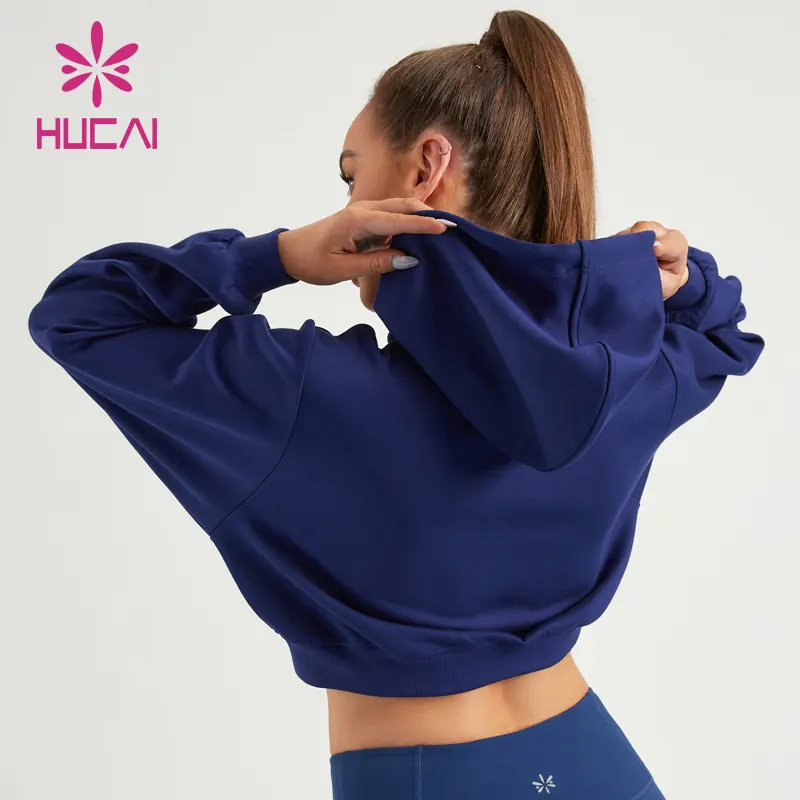HUCAI Custom Logo Womens lightweight workout sports gym air cotton oversized drop shoulder pullover crop hoodie