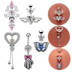 Shiny 14G Pink Crystal Butterfly Crescent Rabbit Curved Banana Body Navel Piercing Bear Heart Dangle Belly Button Rings