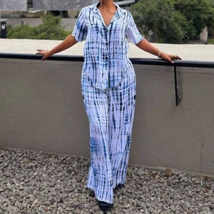 Women's Tie-Dye 2 Piece Set Short Sleeve Button-<b>Down</b> Shirt & Wide Leg <b>Pants</b> Casual Outfit Fashion - Product Image 2