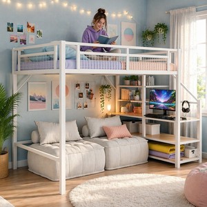 Lit mezzanine en métal robuste SUNYARD avec bureau intégré et escalier de rangement, lit superposé gain de place pour appartement, dortoir, école - Product Image 4
