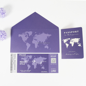 Pasaporte púrpura Boda Guardar la fecha con código QR Tarjeta de embarque Destino Tarjeta de invitación de boda - Product Image 1