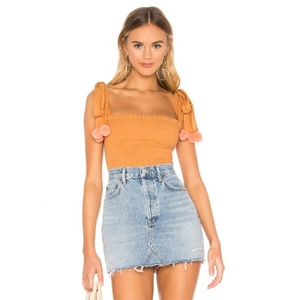 Amazing Summer Wear Denim <b>Elasticated</b> Bohemian Crop Top with Shoulder Tie Straps & Pom Pom Accent Fitted - Product Image 1
