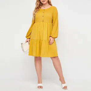 Super acogedor plus tamaño vestidos de 4xl 5xl 6xl 7xl de manga larga cintura cuello redondo amarillo de vestidos para las mujeres