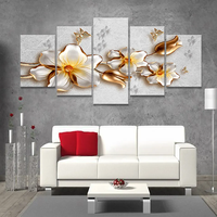 Mur 3D Art Décoration Peinture Fleur Toile Peinture Toile 5 Panneau Doré Acrylique Impression Numérique Moderne Cadre Personnalisé