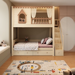 Lit superposé en bois massif JS Modern Kids House avec toboggan, armoire avec rangement et bibliothèque intégrée, tiroirs pour <span class=keywords><strong>chambre</strong></span> d'enfant - Product Image 3