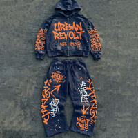 Ensemble de survêtement vintage 100% coton pour homme, imprimé graffiti délavé, deux pièces, style rétro streetwear, sweat à capuche et pantalon