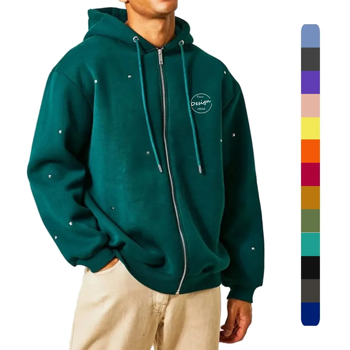 OEM Custom Screen Print Cardigan Hood Drawstring Sports Loose Covered Rivets Sweater Manufacturer Fashion Full Zip Up Hoodie Men