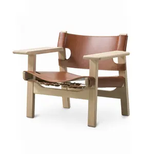 Fauteuil individuel Wabi-sabi en cuir de selle, style nordique, pour salon et <span class=keywords><strong>chambre</strong></span> décontractée, avec accoudoirs, en bois massif, <span class=keywords><strong>chaise</strong></span> espagnole - Product Image 1
