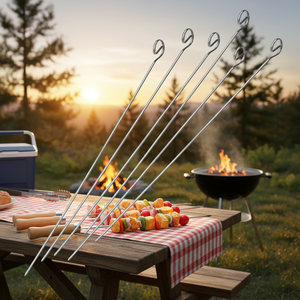 Set di 6 spiedini in acciaio inox con manico in legno forchette per Barbecue piatte lunghe 35 cm per campeggio all'aperto sicuro e durevole - Product Image 3