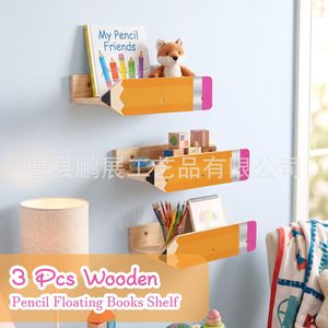 Wooden Pencil Shaped <b>Wall</b> Shelf 3 Tier Floating Book <b>Storage</b> For Kids Room Decor - Product Image 1