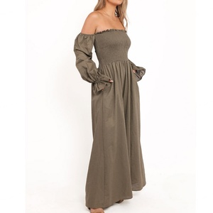 Mono largo de lino personalizado para mujer, diseño playero, plisado, manga larga, pierna ancha - Product Image 4