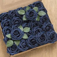 Coffret de fleurs artificielles roses 25 pièces Roses réalistes bleu marine avec tige pour centres de table de mariage et décorations de table