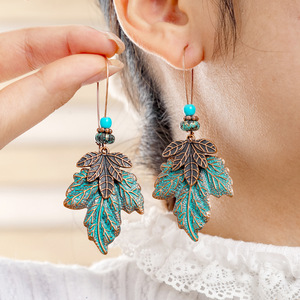 Vintage Boho Leaf Pendant Necklace Set <b>Copper</b> Alloy Turquoise Sweater <b>Chain</b> Women's Fashion Jewelry Autumn Winter Daily Wear - Product Image 2