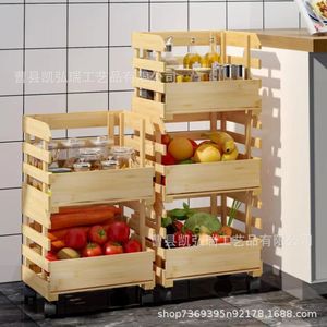 Wooden kitchen <b>vegetable</b> storage <b>basket</b>, floor-<b>standing</b>, with wheels, multi-tiered stackable solid wood storage rack - Product Image 3