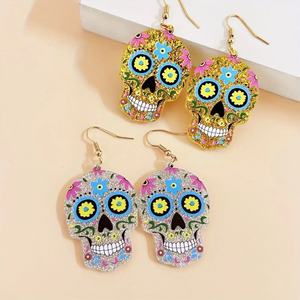 Giorno dei morti orecchini pendenti, fiori di zucchero teschio orecchini in acrilico con Glitter dorato per le donne orecchini di Halloween - Product Image 3