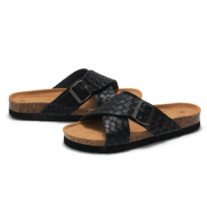 Sandalias Negras de Cuero Genuino con Tiras Cruzadas y Hebilla, Suela de Corcho, Chanclas de Verano con Punta Abierta, Estilo Clásico - Product Image 1