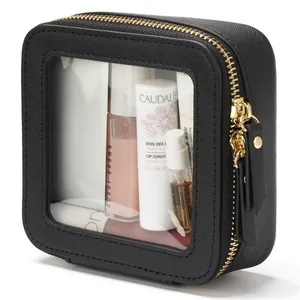 Kustom tas Makeup transparan pvc kecil dompet Make Up Organizer dompet Make Up bening kulit ungu kecil tas kosmetik
