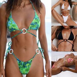New Design Custom Sexy Thong Micro String Swimwear <strong>Green</strong> Plant Printed Bathing Suit Ring Linked <strong>Bikini</strong> <strong>Set</strong> for Women - Product Image 2