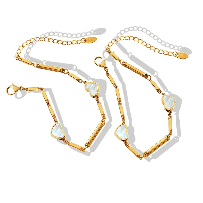 Cool titanium steel gold-plated bamboo chain white sea shell inlaid peach heart pendant bracelet women