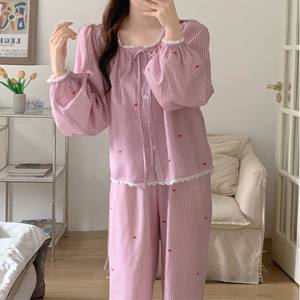 Pijamas de Algodón Transpirable para Mujer, Estilo Coreano, Rayas Simples, Lazo con Encaje, Logotipo Frontal, Ropa de Dormir Informal y Holgada - Product Image 1