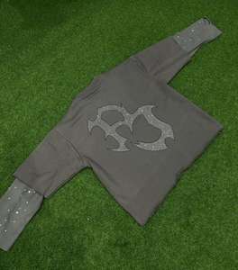 T-shirt à manches longues double couche 100% coton, chemises à manches longues en coton double couche, chemises brodées avec strass et effet vieilli - Product Image 6