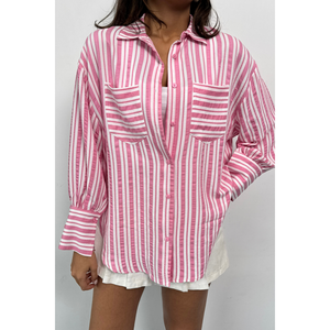Camisa de Seda y Algodón a Rayas Rosas de Corte Holgado para Mujer, con Logotipo Bordado, Estilo Moderno, Larga, para Primavera, Verano y Otoño - Product Image 2