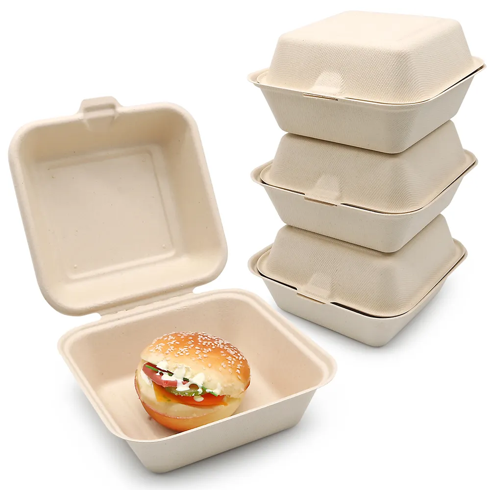 Custom Biodegradable Disposable Eco Friendly 6 8 Inch Sugarcane Bagasse Burger Clamshell Packaging Box Food Bamburger Container