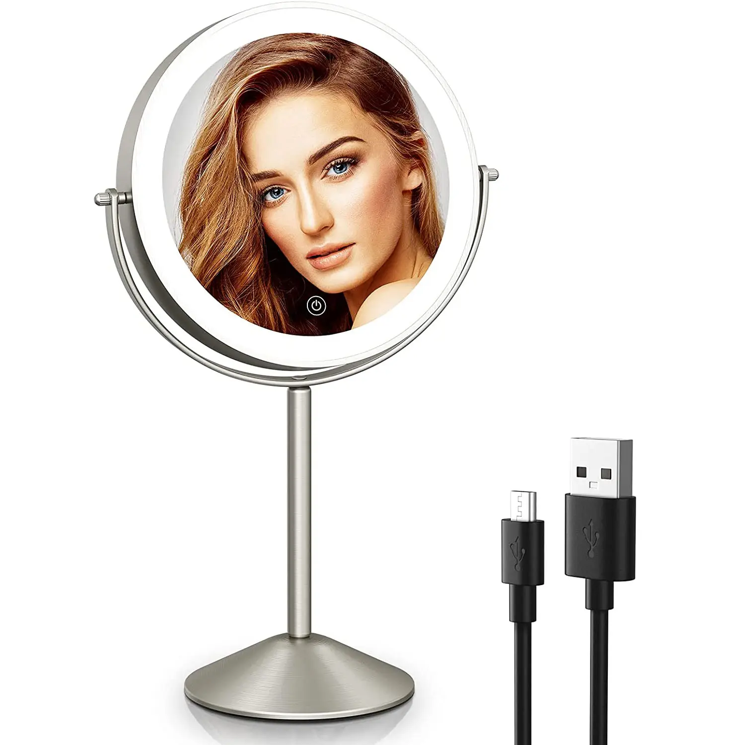Brushed Nickel Finish Dimmable Cosmetic Mirror with Touch Control 360 Degree Rotation Led Light up Mirror