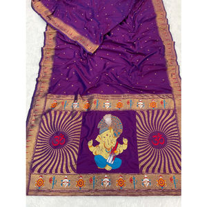 Sari en soie Paithani tissé Zari Ganpati God de la collection Elite Weaves, artisanal, 650g, collection indienne de qualité supérieure, couleur vin, fabriqué au Pakistan - Product Image 4
