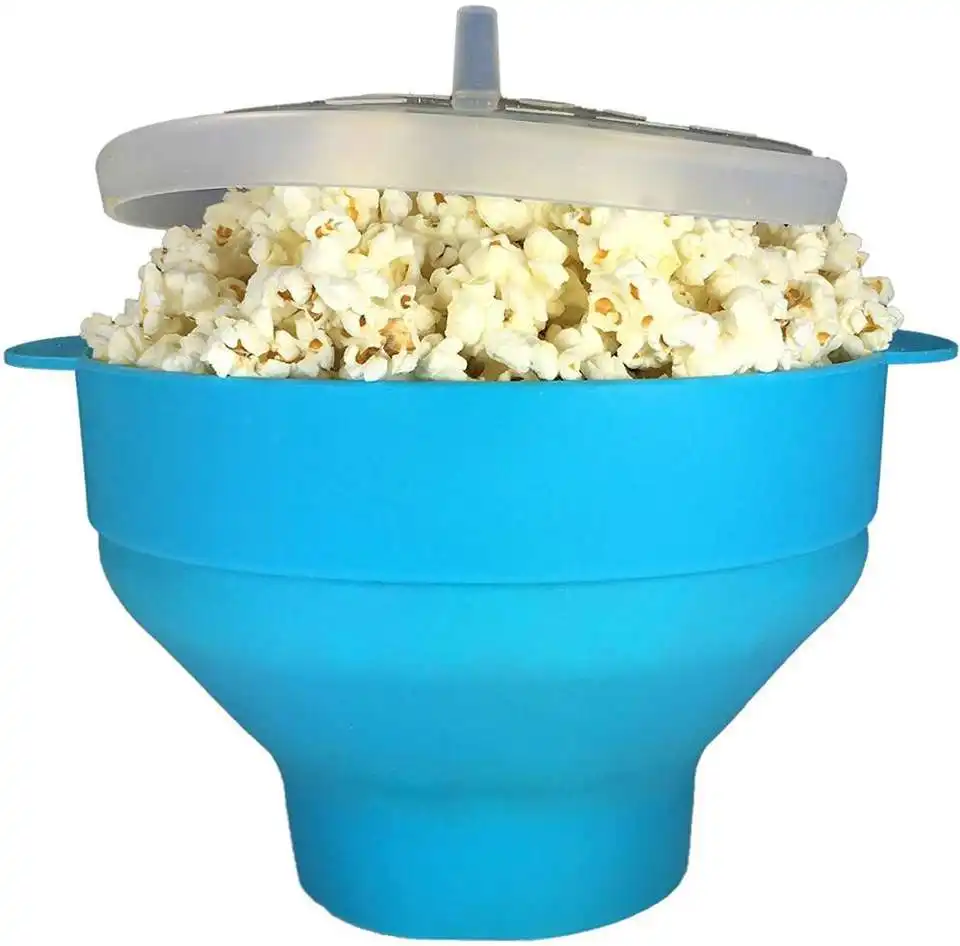 Pembuat Popcorn silikon sehat asli, dengan tutup dan pegangan untuk pesta rumah