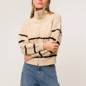 Suéter de <span class=keywords><strong>punto</strong></span> con cremallera y rayas Beige para <span class=keywords><strong>mujer</strong></span> <span class=keywords><strong>Chaqueta</strong></span> de <span class=keywords><strong>punto</strong></span> recortada para moda informal Retro - Product Image 2
