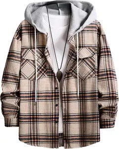 Oyoangle Men&#39;s Plaid Print Long Sleeve Button Front Drawstring Hoodie Sweatshirts Casual Outwear