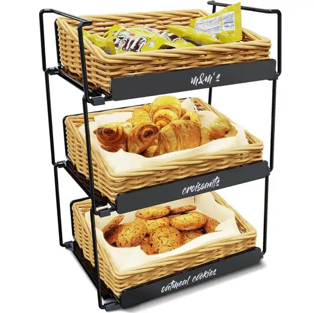 Fruit and Bread Storage 3 Tier Metal Matt Black Stand with Willow Baskets