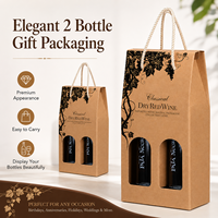 Sac cadeau élégant en papier kraft pour deux bouteilles de vin avec poignée en corde et fenêtre de présentation, emballage personnalisé en gros pour les vignerons