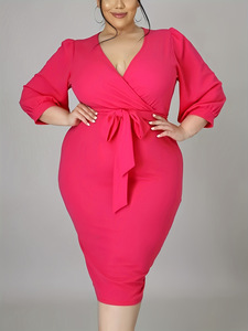 Prodotti Popolari: Abito Midi da Donna Taglie Forti in Chiffon con Paillettes, Scollo <span class=keywords><strong>a</strong></span> V, Tinta Unita, Maniche Lunghe e Allacciatura, Ideale per l'Autunno - Product Image 2