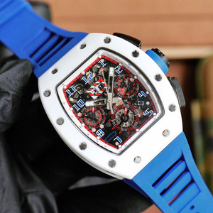 RM011 style White Ceramic Tonneau Flyback Chronograph <b>Watch</b> Men Luxury Skeleton Mechanical <b>Watch</b> With Blue <b>Rubber</b> Strap - Product Image 3