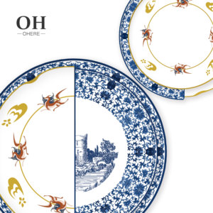 <span class=keywords><strong>Service</strong></span> de table en céramique hybride <span class=keywords><strong>bleu</strong></span> <span class=keywords><strong>et</strong></span> <span class=keywords><strong>blanc</strong></span> de luxe Ohere, <span class=keywords><strong>service</strong></span> de table en porcelaine à bord doré pour la décoration de mariage - Product Image 6