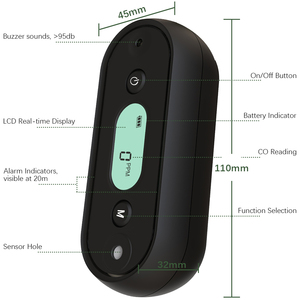 Travel <strong>Carbon</strong> <strong>Monoxide</strong> 0-1000ppm Low-Level Alarm Super Small Size &amp; Stylish Black Color Easy One-button <strong>Operation</strong>