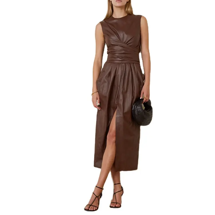 OEM High Quality Women Crew Neck Sleeveless Faux Leather Pleated Wrap Belted Sexy Split Party Evening Night Midi Casual Dresses
