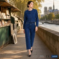 Ensemble tailleur femme en jean bleu foncé 11oz, veste courte sans col à boutons dissimulés et jean coupe droite, OEM XS-5XL